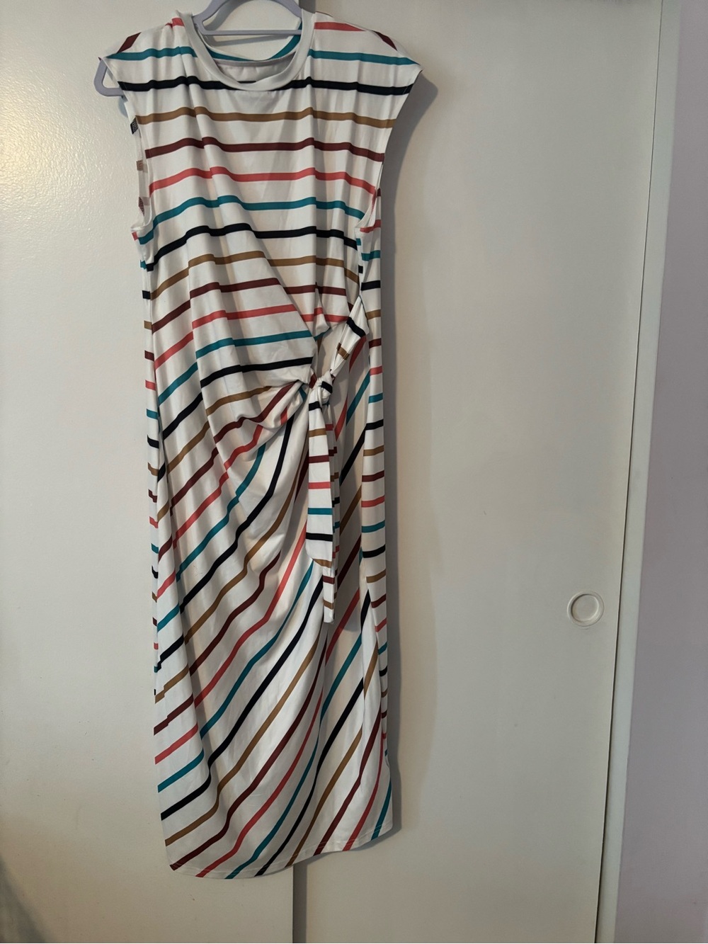 Like NEW Striped Knot-Front Midi Dress in White with Multi Color Stripes 1x